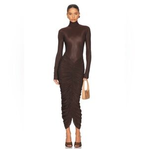 Helsa Chocolate Brown Sheer Ruched Dress